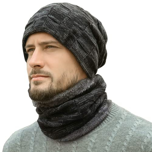 Herren Winter Warm Beanie Mütze und Loop Schal Set mit Fleece Gefütterte Thermo Wintermütze Strickmütze Mützen Schlauchschal Schals Geschenk Männer, Einheitsgröße, A Schwarz