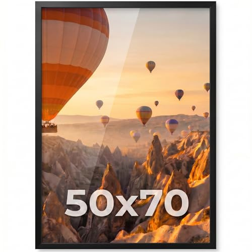 PHOTOLINI Bilderrahmen 50x70 Schwarz Holz MDF, 50x70 cm Bilderrahmen groß, Rahmen 70x50 Puzzle, bruchsicheres Acrylglas, picture frame zum Aufhängen, Posterrahmen für Fotos, Puzzle & Poster