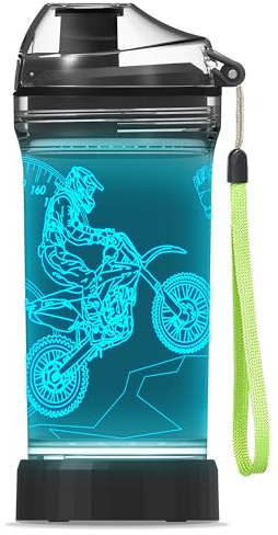 YuanDian Dirt Bike Water Bottle with 3D Glowing LED Light Light Up Kids - 14 OZ Tritan BPA Free - Cool Drinking Cups Gift for School Kids Boy Child Motocross