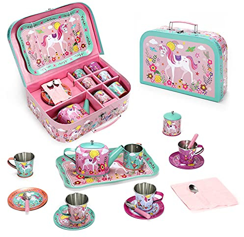 SOKA Unicorn Metal Tin Teapot Set with Carry Case Toy for Kids - 18 Pcs Illustrated Colourful Design Toy Tea Party Set Pretend Role Play for Kids Children Boys Girls