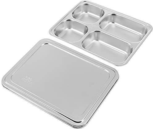 Cabilock Stainless Steel Divided Menu Tray Dinner Plate with 4 Compartments and Stainless Steel Lid for School, Picnic or Camping
