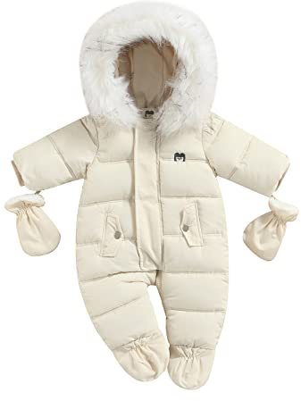 Geagodelia Combinaisons à Glissière pour Enfants avec Gants, Combinaison à Capuche Hiver Barboteuse en Peluche de Couleur Unie avec Poches (Beige Blanc, 6-9 Mois)