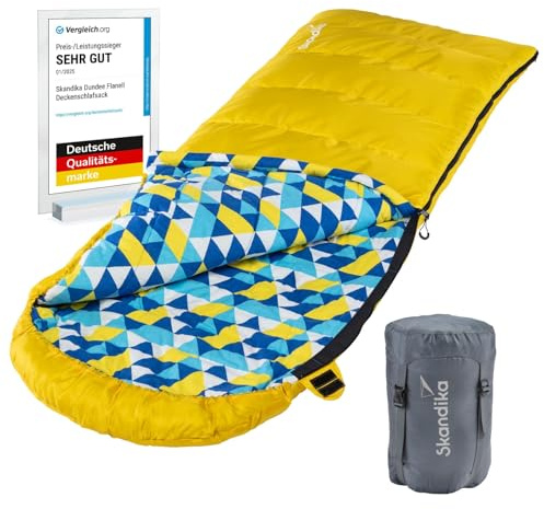 Skandika täcke sovsäck Dundee flanell | bomull, lyxkvalitet, kopplingsbar, dubbel sovsäck, 3 årstider, upp till -20 °C, 220 x 80 cm/220 x 160 cm | Outdoor Camping sovsäck (gul RV höger)