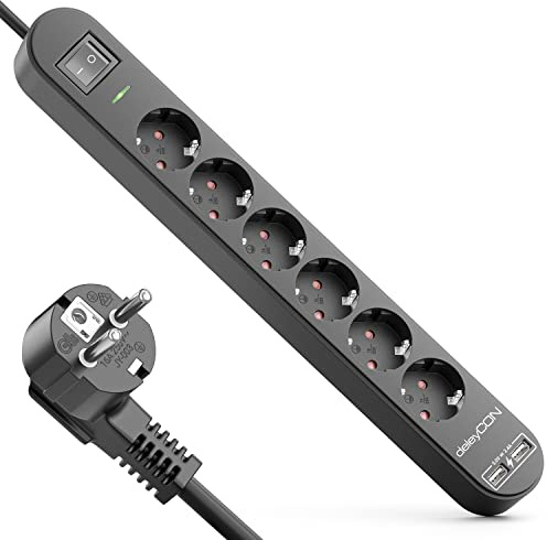 deleyCON 3,0m 6 Fach Steckdosenleiste mit USB Stromleiste 6X Schutzkontaktbuchsen 2X USB-A Ladebuchse für z.B. Handy & Tablet Überspannungsschutz EIN/AUS Schalter Schwarz