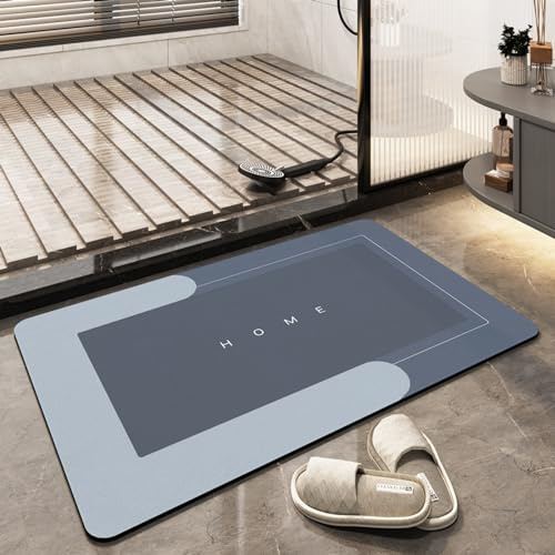 TOKLYUIE Super Absorbent Bath Mat Non Slip Anti Mould Quick-Drying Bathroom Mat Simple Kitchen Door Mat Machine Washable Large Living Room Carpet(40 x 60 cm, Rectangle Blue)