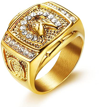 LAIMIUMIU33 Lucky Horseshoe Ring for men CZ Horse Head Ring Radiant Diamond Bling Biker 316 Stainless Steel Rings Iced Out Jewelry Punk Ring Hip Hop Heavy Metal Ring Vintage Animal rings mens fashion