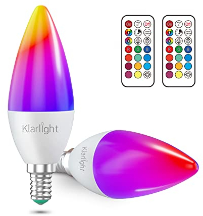 Klarlight Bombillas LED C35 E14 que cambian de color, 3 W, bombilla RGB regulable, E14, luz blanca cálida, ángulo de 3000 K, bombillas que cambian de color con control remoto, paquete de 2