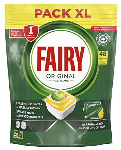Fairy, Original Todo En Uno Pastillas Lavavajillas, 48 cápsulas Lavavajillas, Elimina Grasa Reseca, Detergente Lavavajillas, Fragancia Limón