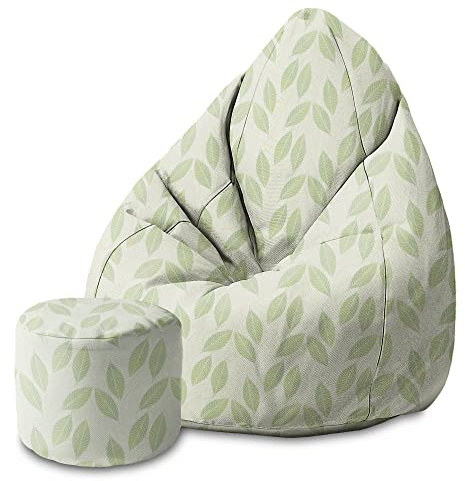 DreamRoots Sitzsack Kinder 70x70x105, Light Green Leaves | Bean Bag Kinder mit Lehne, Hocker & Bezug, Sitzkissen Boden, Bubibag, mit Füllung, Kinderzimmer
