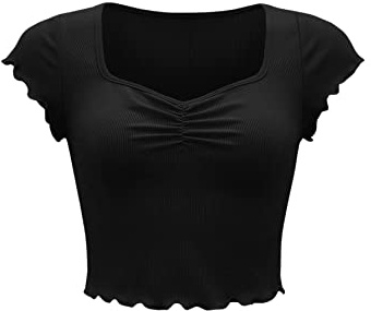 GORGLITTER Damen Bauchfrei Tops Herzausschnitt Crop Top Kurz Oberteil Flügelärmel Kurzarmshirt mit Wellensaum Schwarz M