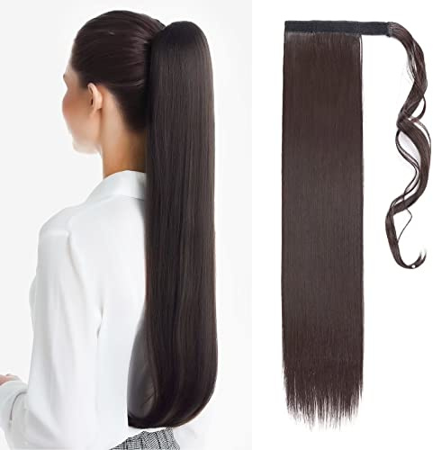 TESS Coleta Postiza Pelo Natural 60 cm, Postizos de Pelo Natural Liso Marrón oscuro (#4A) Coleta Postiza 90g