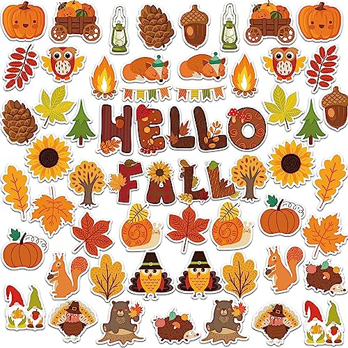 61PCS Hello Fall Cut-Outs Autumn Bulletin Board Decorations for Classroom Door Decor Maple Leaves Pumpkin Turkey Acorns Cutouts for Thanksgiving Classroom Office Party Supplies (100pcs Glue Point)