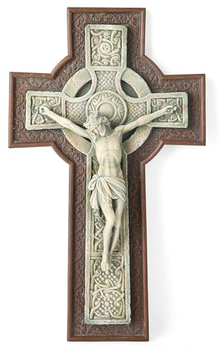 BC Katholisches Kruzifix-Wandkreuz, keltischer Stil, Gartenkreuz, religiöses Geschenk, Holzsteinschnitzerei, 30,5 cm hoch, handbemalt von Buildclassic