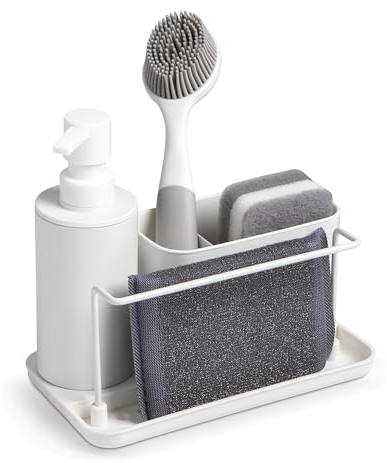 Kook Time Spülbecken Organizer und Spülmittelspender Küche Set - Seifenspender mit Schwammhalter und Spülbürste Halterung, Ideal für Küchenspüle - Weiß - 21X12X19 cm.