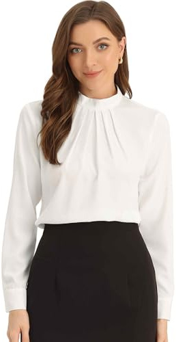 Allegra K Work Blouses for Women Stand Collar Long Sleeve Ruched Dressy Business Casual Work Shirt Medium White