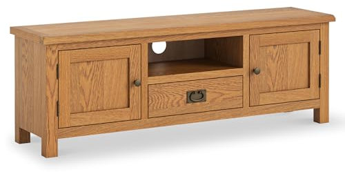 Surrey Oak 140cm Wide TV Unit for Living Room | Roseland Furniture Large Lacquered Television Stand Cabinet Solid Wooden with 2 door and Drawer Storage for TVs up to 63 inches, Fully Assembled