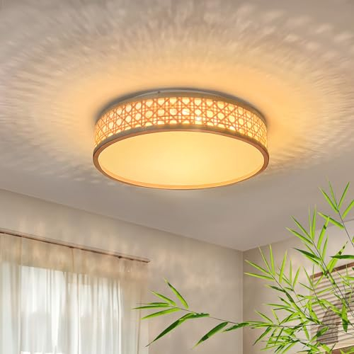 LUOLONG LED Deckenleuchte Bambus Rund 35W Holz 40cm Vintage Rattan Schlafzimmerlampe Dimmbar 3000-6000K Handgewebte Lampe für Korridor Wohnzimmer Esszimmer