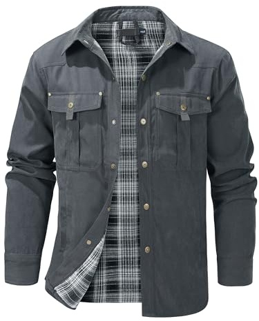 Mr.Stream Chaqueta camisa de entretiempo para hombre a cuadros con forro de franela, ligera, cuello alto, chaqueta de campo cargo de otoño con broches, estilo vaquero occidental, gris, M