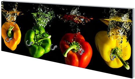Wallario Wandgarderobe aus Glas in Größe 80 x 30 cm mit Memoboard-Funktion, Motiv: Bunte Küche Paprika in rot gelb orange und grün im Wasser | 5 Kleiderhaken zum Aufhängen von Jacken