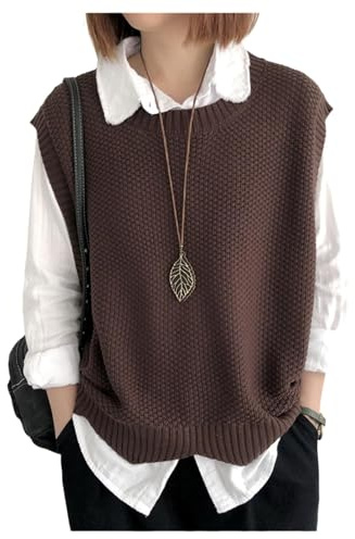 Women's Knitted Vest Knitwear Sweater Vest Knit Jumper Loose Round Neck Sleeveless Jumpers Tank Top (Color : Coffee, Size : M)