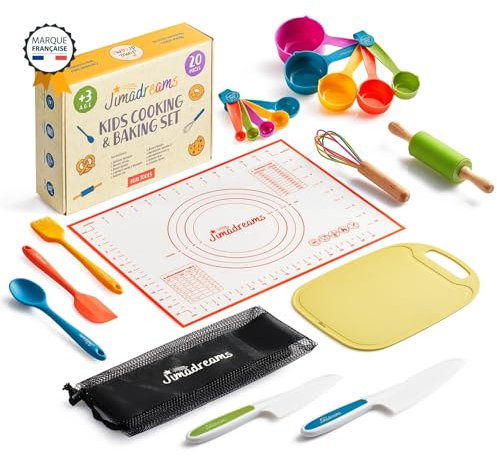 Jimadreams Kit Cuisine Enfant Montessori avec Couteaux Sécurisés - Vrais Ustensiles de Cuisine pour Enfants sans BPA, Kit Patisserie & Set Couteau Cuisine Enfant - Coffret Cadeau Petit Chef Dès 3 Ans