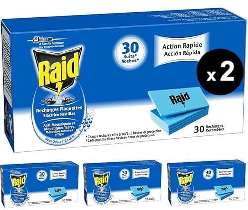 Pack de 60 Pastillas. Raid de SC Johnson, Recambio Difusor Eléctrico Anti Mosquitos Comunes y Tigre, Acción Rápida