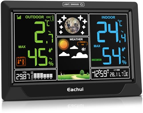 Eachui Wetterstation Funk mit Außensensor Großes Farbdisplay Funkwetterstation mit Wettervorhersage DCF Funkuhr Innen und Außentemperatur und Luftfeuchtigkeit Barometer Netzbetrieben（Schwarz）