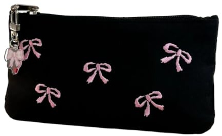 DAYnagh Étui à Crayons Brodé Nœud, Trousse de Maquillage en Toile, Trousses à Crayons Vierge, Trousse Scolaire Noir, Sac de Voyage Zippé Multifonctionnel 15x8x2cm