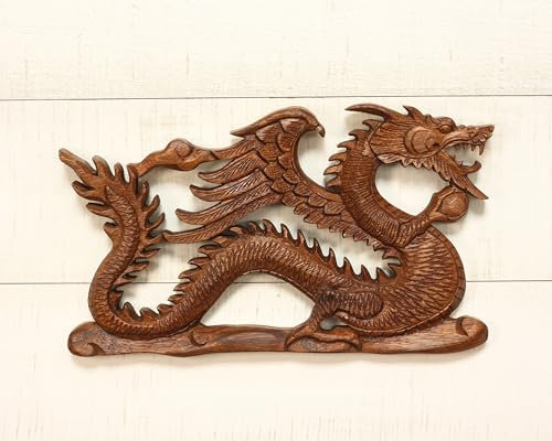 G6 Collection Handgeschnitzter Drache aus Holz, 27,9 cm, Relief-Plakette, Statue, Skulptur, handgefertigte Holzkunst, Heimdekoration, Figur, Akzentdekoration, handgefertigter Wanddrache (27,9 cm
