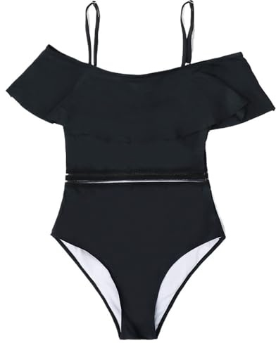 Simdräkt for damer i ett stycke Sexig svart baddräkt med remmar, volang av axeln Baddräkt Baddräkt Tummy Control Beachwear(S)