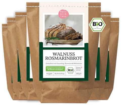 Bio Dinkelbrot Backmischung Walnuss Rosmarin – 100 % Dinkel, weizenfrei – aromatisches Walnussbrot mit Kräutern für Brotbackautomat & Ofen – Bake with Love - 6er Pack