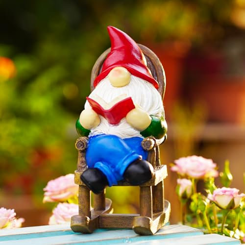 Solar-LED Gartenzwerg mit Buch & Leselampe - Wetterfeste Deko-Figur für Terrasse, Rasen und Garten, Solarbetriebene Geschenkidee für Erwachsene