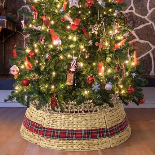 Jupe de sapin de Noël - Couverture de base tressée en jacinthe tissée à la main - Résistant aux rayures - Style rustique - Décoration de style rustique