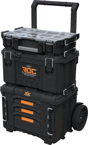 Keter Pro Gear XL Werkzeugwagen – 3 Koffer, 2 flache und 1 tiefe Schublade, abschließbar, mit Clear Organizer, IP65 Schutz, robustes Design, schwarz - 64x47x79-105 cm