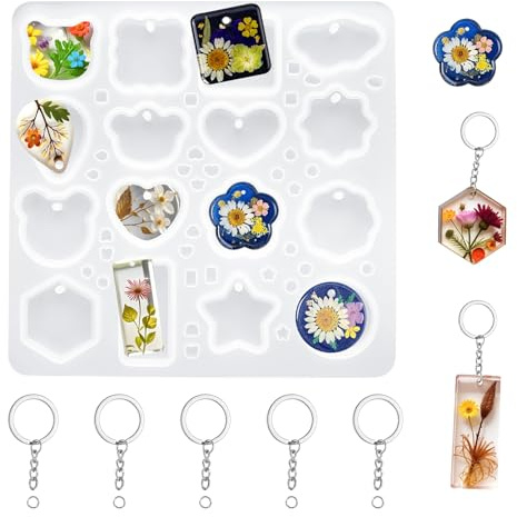 Molde de resina para joyas, 16 cavidades de silicona UV para llavero, moldes de silicona para resina epoxi con 5 anillos de salto para manualidades, llaveros de resina, decoración de árbol de Navidad