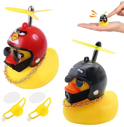 HESUSUSI Gelbe Ente Fahrrad Ornament, 2 Stück Gummiente Spielzeug Gummi Gelb Ente Auto Ente Mit Propeller Motorrad Mit Propellerhelm und Befestigungsband für Auto Fahrrad Haus Dekoration (Rot)