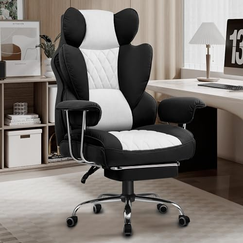 LUCKRACER Executive Office Chair, Big and Tall Ergonomic Desk Office Chair with Footrest, Height Adjustable 360°-Swivel Reclining Fabric Computer Chairs Black-Gray