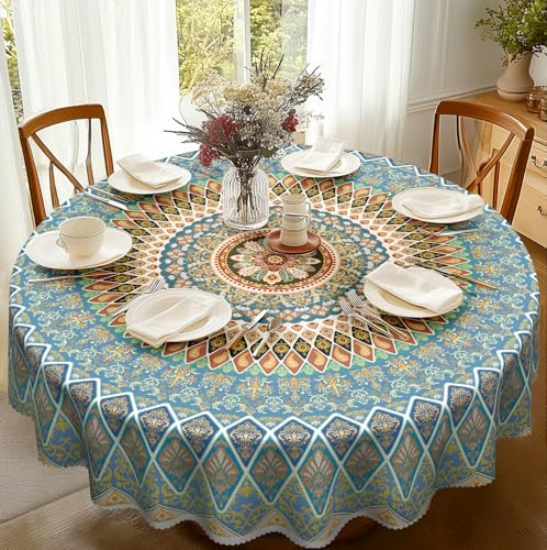 iEvery Tischdecke Rund 150 Abwaschbar, Boho Mandala Tischdecke Blau Floral Gartentischdecke Polyester Outdoor Wetterfest Table Cloth Waterproof für Küche Gartentisch Esstisch Party
