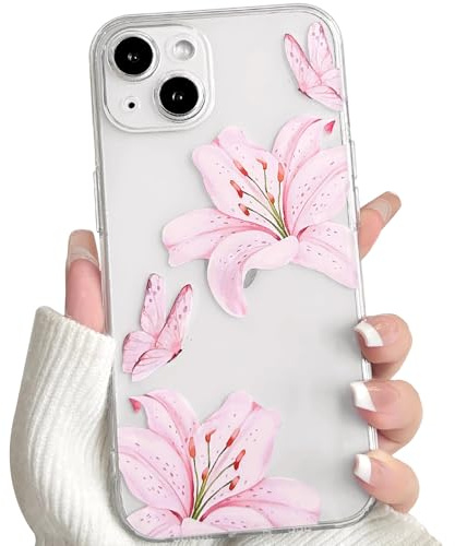 NITITOP Kompatibel mit iPhone 14 Hülle Durchsichtig Süßes Blume Muster Lilien Schmetterlinge Niedliche für Frauen Mädchen Stoßfest Girly Hauchdünn TPU Mode Schutzhülle Handyhülle - Rosa