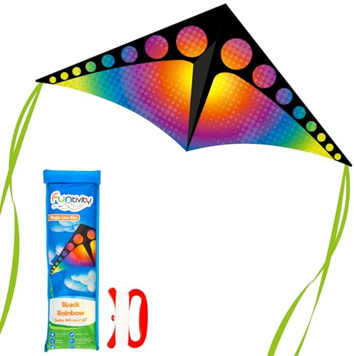 Funtivity® Einleiner Drachen für Kinder – Delta Black Rainbow – Flugdrachen Set inkl. 17kp Schnur & Handgriff – Kinderdrachen ab 5 Jahren – fliegt bei wenig Wind – robust – Outdoor Spielzeug