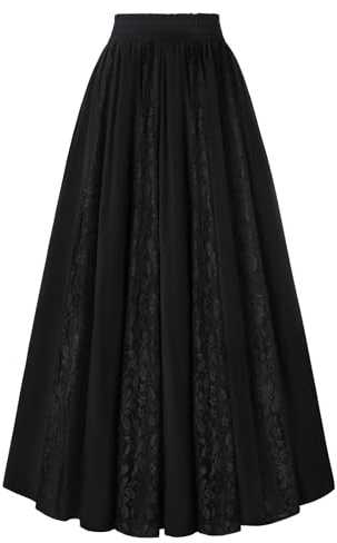Maxi Skirt for Women Boho Lace Flowy Long Renaissance Skirts with Pockets Black L