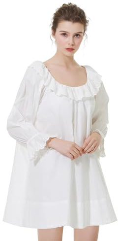 BEAUTELICATE Women’s Victorian Nightgown Pure Cotton Mini Nightdress Vintage Princess Sleepwear with 3/4 Bell Sleeves Loose A-Line Romantic Feminine Daily Short Dress Off White, M