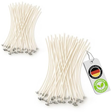 FALKENHORN® 100 Stück Dochte Set – 10 & 15 cm Mix – Vorgewachst mit Sojawachs – Baumwolle mit Metallfuß – rußfrei, langlebig & sauber – für Kerzen selber Machen