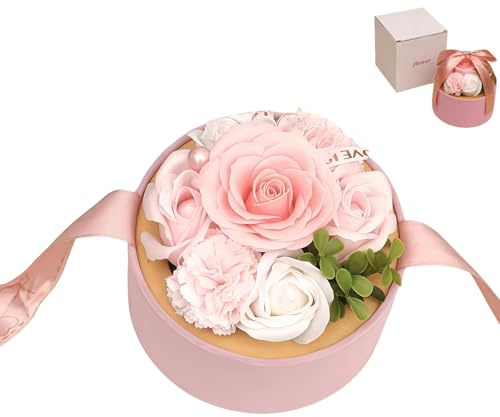 COONE Luxury Scented Soap Rose Flower Gift Box, Handmade Realistic Artificial Roses with Decorative Bow & Greeting Card, Romantic Home Decor for Women, Mum, Girlfriend (Pink, 13x13x13cm)​