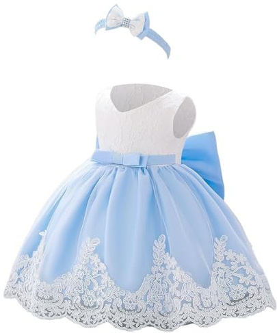 Robe d'été pour fille - Robe de baptême - Robe en dentelle - Bowknot - Robe florale - Mariage - Baptême - Tutu - Premier anniversaire - Tenue fille, bleu ciel, 18-24 mois