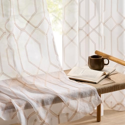Geo Sheer Curtains 63 Inch Length Beige Hexagonal Embroidery White Voile Crushed Curtains for Bedroom Nursery Light Filtering Rod Pocket Moroccan Trellis Neutral Privacy Drapes, 2 Panels Set, 50x63