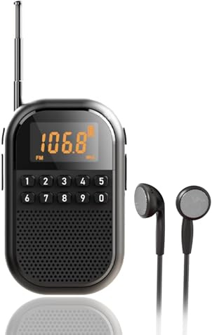 Longben Radio Bolsillo Am‑FM Altavoz Bluetooth Recargable Tarjeta TF Pantalla LED Temporizador para Correr, Negro