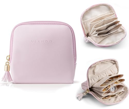 Vlando Smyckeskrin resor, smyckespåse med fransar, 6-lagers resesmyckeslåda för kvinnor flickor, myntpåsar, smycke resefodral av konstläder, örhängen, halsband, klockförvaring, rosé