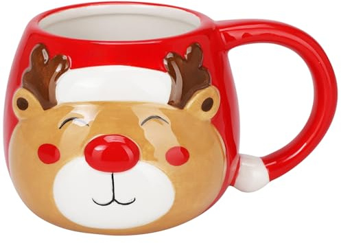MIJOMA Weihnachtstasse 370ml aus Dolomit - Tasse im festlichen 3D-Design mit rotem Henkel - Weihnachtsbecher für Kakao & Kaffee (Rentier)