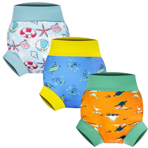 FLYISH DIRECT Pañal de Natación Reutilizables, 3 Paquetes de Pañales para Piscina para bebés y niños, Pañal Bañador a Prueba de Fugas para Niños y Niñas, Aventura en el Océano, M/2-3 años